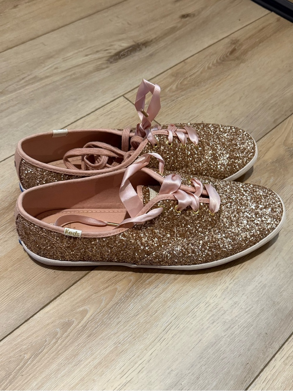 Keds Women's Glitter Lace-Up Flats in Rose Gold